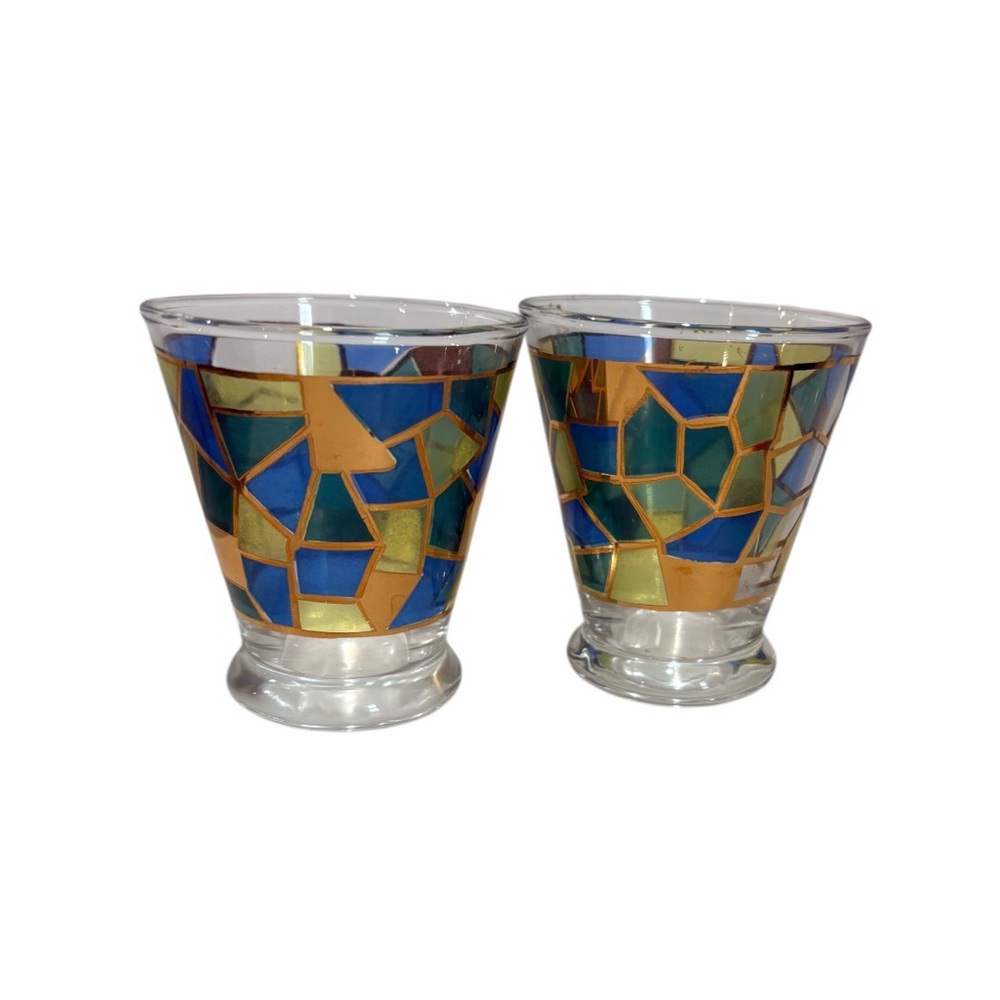 Vintage Style Mosaic Shot Glasses Blue Green Gold Stained Glass Look Set of 2‎